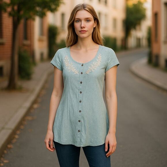 Eddie Bauer Womens Blouse Size Small Blue Floral Print Peasant Gauzy Embroidered - Picture 1 of 5